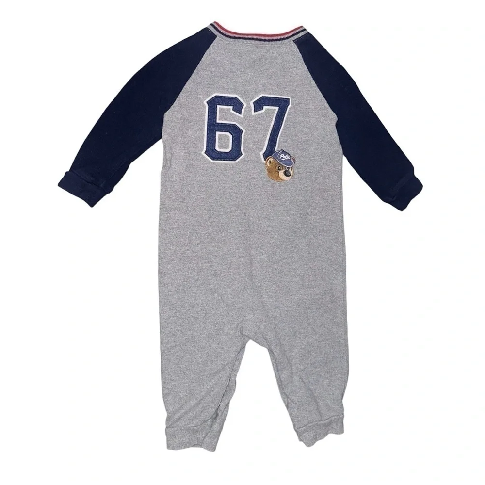 Ralph Lauren Polo Logo Embroidered Bear Baseball Long Sleeve Cotton Onesie Sz 9M